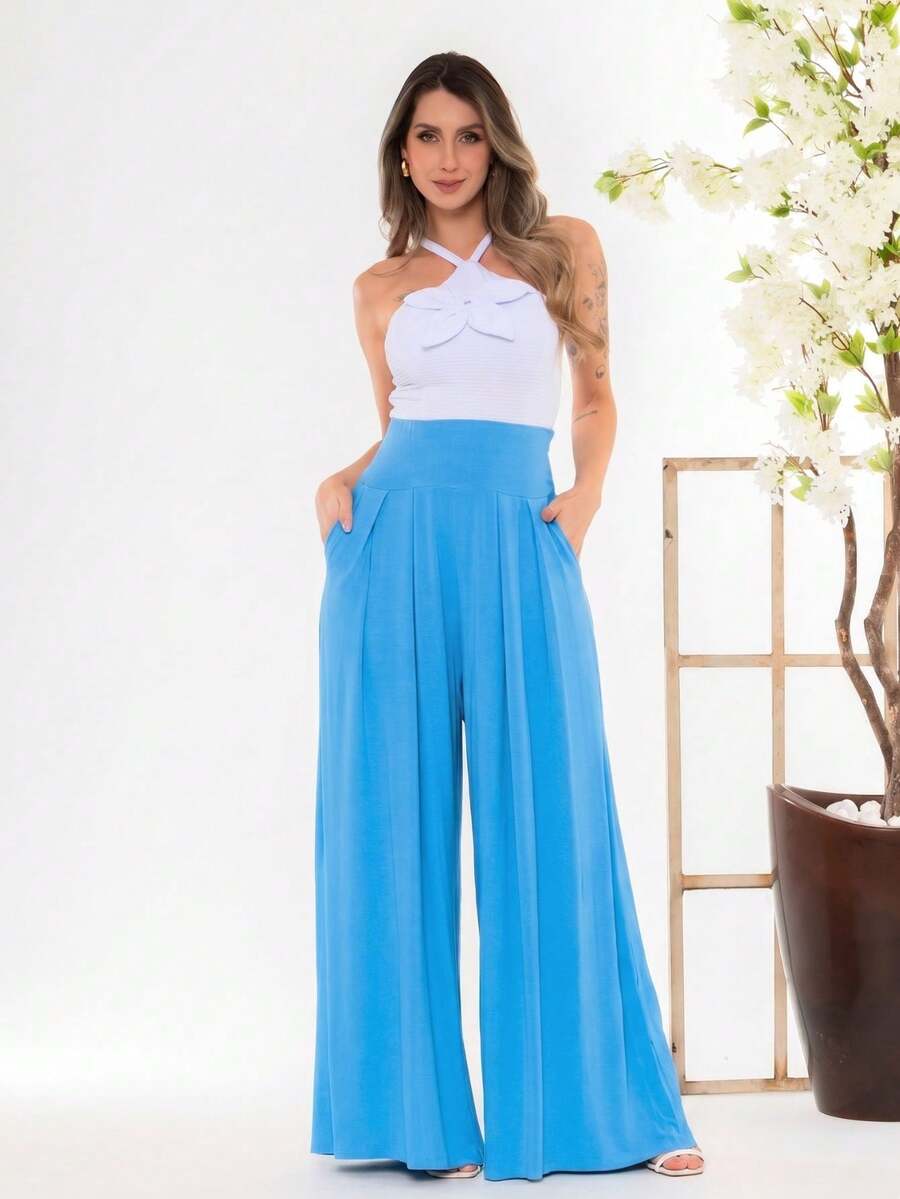 Wide-Leg, Loose-Fitting Palazzo Pants In Viscose/Lycra Knit Fabric With A Wide Waistband And High Waist And Pleats. - Baby Blue - View 1