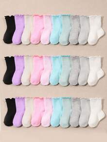10 Pairs Baby Solid Color Floral Cuff Mid-Calf Socks, Spring/Summer - Multicolor - View 5