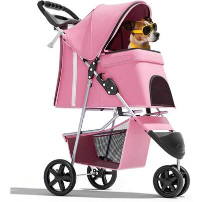 3-Wheel Pet Stroller, Foldable Travel Jogger For Small & Medium Dogs & Cats (Up To 33lbs), Lightweight Carrier With Breathable Mesh Cover, Cup Holder & Storage Basket, Pink
