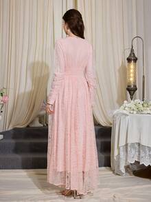 Elegant Women's Pink Lace V-Neck Long Sleeve Formal Dress, Cinched Waist Design, Flared Skirt, Perfect For Evening Parties And Balls - Baby Pink - View 2