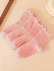 4 Pairs Women's Pink Striped & Solid Color Ruffle Trim Lightweight Breathable Casual Mid-Calf Socks, Unisex - Pink - View 5
