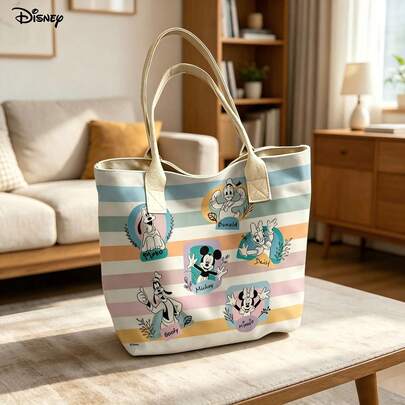 Disney Mickey Mouse & Friends Canvas Tote Bag, Cute All-Character Striped Print Shoulder Bag For Daily Use