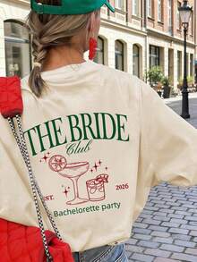 1 chiếc áo thun nữ tay ngắn cổ tròn mùa hè, in chữ "THE BRIDE, EST. 2026", thích hợp cho tiệc độc thân, trang phục cưới, áo mùa hè thường ngày. - Màu be - Xem 2