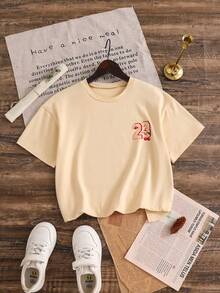 Boys' Spring/Summer Cherry 23 Print Crew Neck Short Sleeve Khaki T-Shirt, Comfortable And Soft, Suitable For Daily Outdoor, Vacation, Sports, School - Khaki - View 4