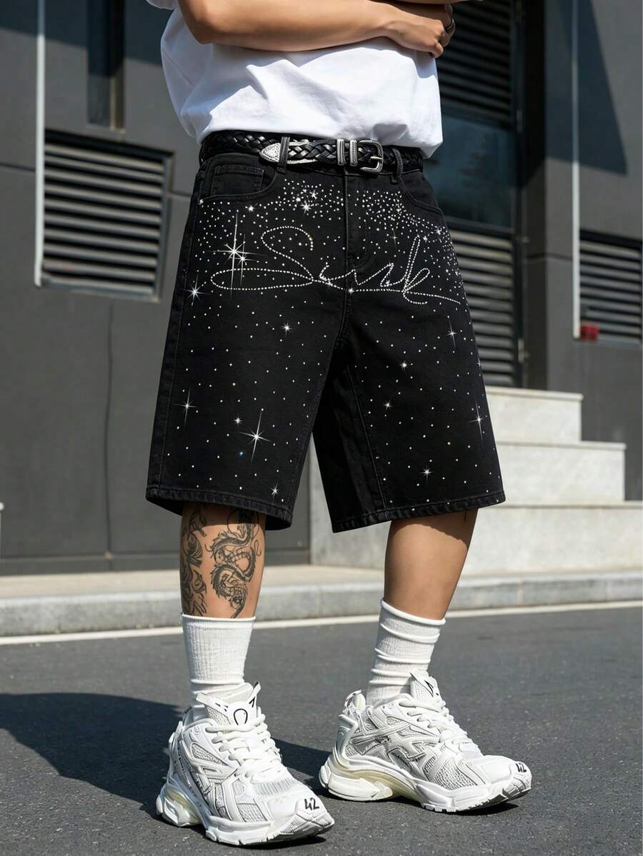 Men's Summer Fashion Rhinestone Decor Slant Pocket Denim Shorts - Black - View 1