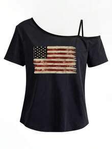 2026 New One-Shoulder T-Shirt, Short-Sleeved T-Shirt, American Flag, Patriotic Print Fashion Top, One-Shoulder Strap, Sexy Off-Shoulder Fashion Outfit - 黑色 - 查看 2