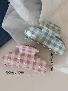 1pc Faux 3D Floral Plaid Rhinestone Studded Acrylic Hair Claw Clip, Blue & White Plaid Pattern, Large Size, Sweet & Fresh, For Updo, Casual, Elegant Half-Up Hairstyles, Fashion Versatile Hair Accessory For Women,Travel,Birthday - Multicolor - View 5