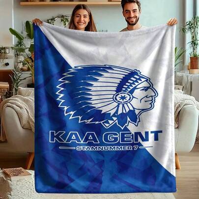 Gent Football Club Printed Flannel Wool Blanket - Modern Style, Suitable For All Seasons, Easy Care, Tear-Resistant, Suitable For Sofa, Bed, Travel - Digital Printing, Knitted, 200-250Gsm Polyester