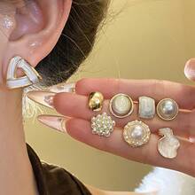 16 pièces/set Boucles d'oreilles géométriques avec pierre œil de chat perle goutte d'huile, nouveau set de boucles d'oreilles de luxe élégant - Doré - Voir 3