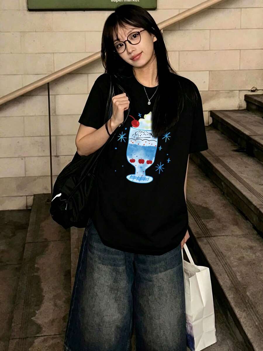 宽松卡通印花短袖T恤,独特设计,适合娇小女性,休闲黑色夏季款 - 查看 1