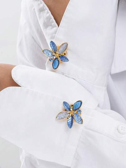 Cring Coco 2 Packs Women's Light Luxury Button Covers, Elegant Blue Leaf Pattern With Inlaid Glass, Zinc Alloy Detachable Shirt Cufflinks Decorative Buttons, FulSewn Backing, Multifunctional Cufflinks, Exquisite Commuter Daily Wear Jewelry