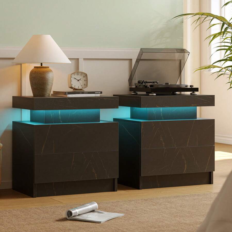Night Stand Set 2 LED Bedside Table With Wood 2 Drawers Modern End Side Table For Bedroom - Black Gold - View 1