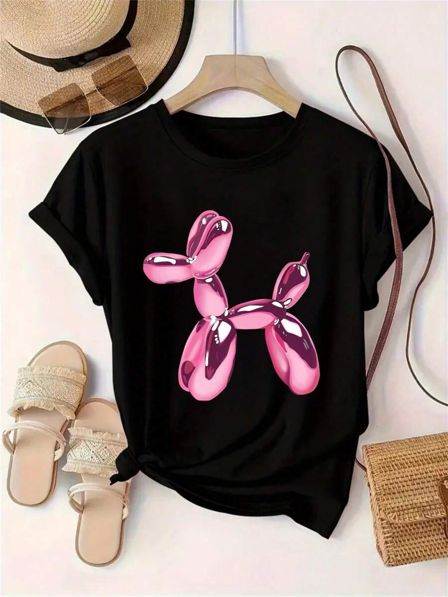 Pink Balloon Dog Pattern Printed Round Neck T-Shirt, Casual Short-Sleeve Top - Black - View 1