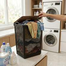 Black Mesh Multipurpose Laundry Basket 49L With Lid And Wooden Label - Black - View 3