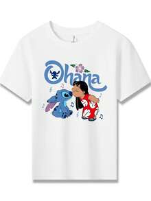 Disney Ohana Stitch And Lilo Printed Pattern T-Shirts For Girls - Children's Clothing Design Short-Sleeved Casual And Cute Style Comfortable And Casual Wear All Year Round Suitable For Parties And Play Machine Washable Gift Children's Clothing Girls' Short-Sleeved Shirts - 白色 - 查看 2