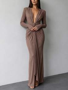 Women's Sequin Maxi Dress Deep V Neck Twist Front Bodycon Long Sleeve Elegant Evening Gown Slim Fit Formal Party Dress - 巧克力棕 - 查看 3