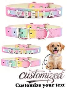 Personalized Dog Collar, PU Leather Small Dog Cat ID Collar With Rhinestone Heart & Star Decor, Suitable For Small/Medium/Large Dogs - Multicolor - View 2