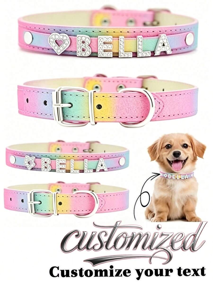 Personalized Dog Collar, PU Leather Small Dog Cat ID Collar With Rhinestone Heart & Star Decor, Suitable For Small/Medium/Large Dogs