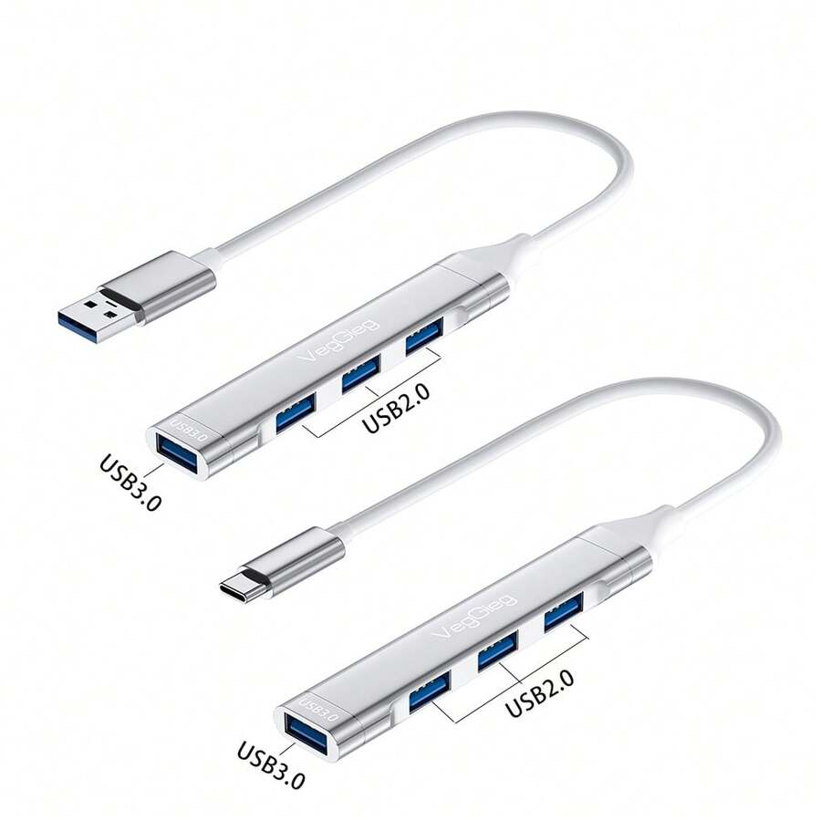 VegGieg 四合一 USB 2.0/3.0 集线器，Type-C/USB 四端口适配器，高速 350MB/s 数据传输分线器，铝合金即插即用延长线，兼容笔记本电脑、台式机、手机、平板电脑 - 查看 1