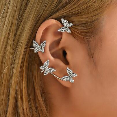 Butterfly Sparkling Clip-On Earrings, High-End Shiny Party Jewelry Earrings For Women Without Piercing