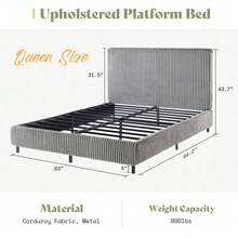 Full/Queen/King Upholstered Bed Frame With Gap-Free 3.5" Thick Headboard – Corduroy Platform Bed With Fully Padded Design & Metal Slats, No Box Spring Needed - Grey - View 4