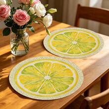 A Circular Placemat With Fresh Lemon Slices And Lace Patterns, Suitable For Use In Spring, Summer, Autumn, And Winter. It Adopts A Multi-Color Pattern Design And Is Woven From 100% Polyester Fiber. - Multicolor - View 6