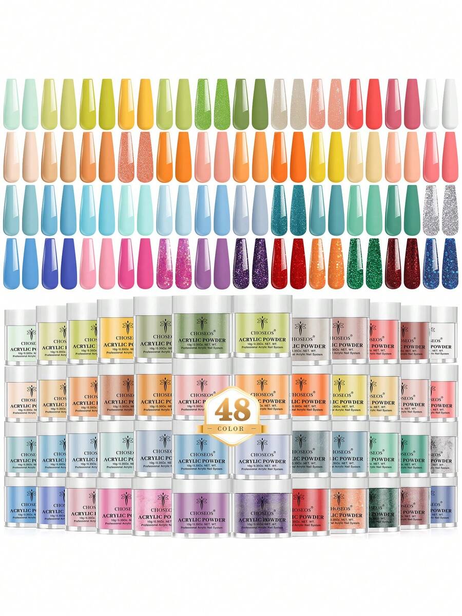 48色丙烯酸粉（10克/0.35盎司罐装）——专业聚合物3D丙烯酸美甲套装，粉色和裸色系，适用于法式美甲、美甲延长和四季美甲；无需UV灯 - 彩色 - 查看 1