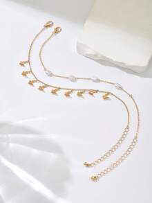 Bộ 2 chiếc vòng chân nhiều lớp thời trang, đa năng, đính ngọc trai giả/mặt dây chuyền hình bướm, thích hợp cho kỳ nghỉ biển và đeo hàng ngày. - Vàng - Xem 3