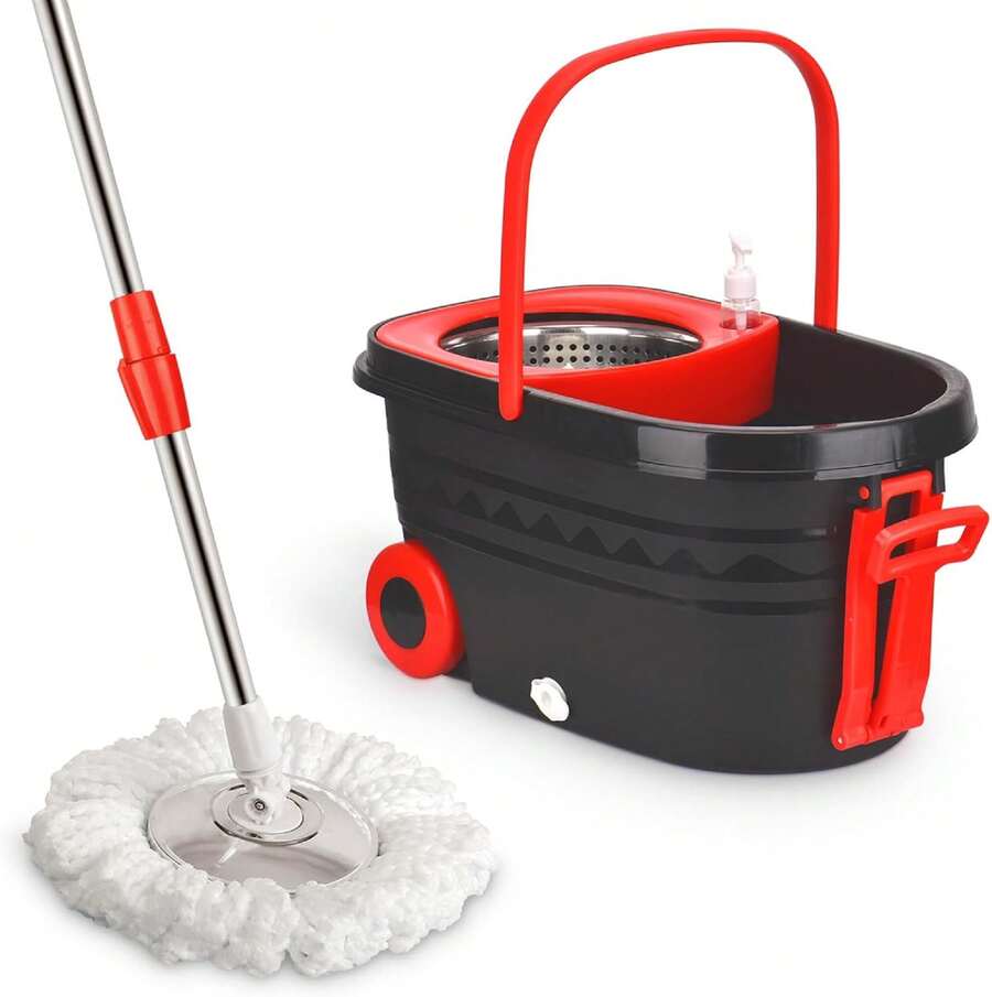 Mop And Bucket Set With Wringer, Stainless Steel Mop Bucket With Wheels, 3 Pcs Microfiber Replacement Mop Heads, Spin Mop And Bucket System, 61 Inches Telescopic Mop Handle Floor Mop - Red - 查看 1