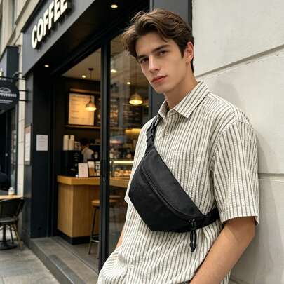 Men's Solid Color Nylon Minimalist Chest Bag, Commuter Crossbody Waist Pack, Lightweight One Shoulder Cycling Bag