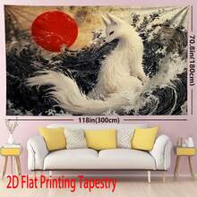 2D Flat, 2D Flat Printing Tapestry, 1pc Mythical Whe Fox Animal Theme Tapestries, Wall Hanging For Home, Livingroom Bedroom Garden Office Stu Decor, Creative Gift, Festive Decor Polyester Bkground Cloth, Red Sun Ocean Waves Pattern - 1PC - View 7