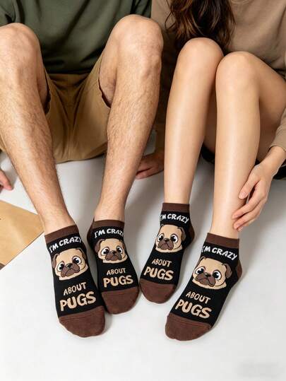 2 Paar Paar Mops Hund & Buchstaben Muster Farbblock Casual Socken, süß & lustig, geeignet für alle Jahreszeiten