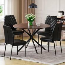 Dining Table And Chairs Set 4, High Back Black PU Chairs With Foldable 100 Cm Round Wooden Table For Dining Room, Kitchen - Wooden Effect Table+4 Black Chairs - View 2