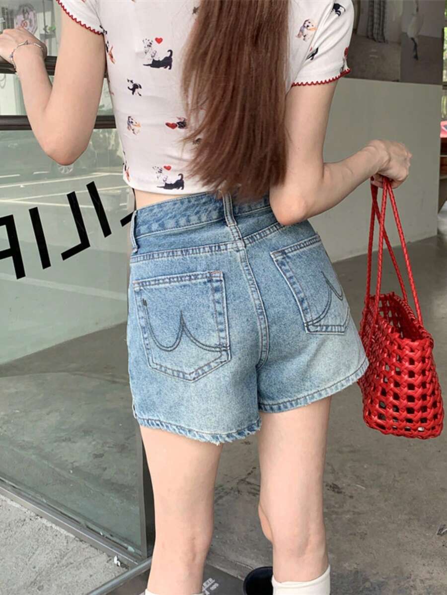 Quần short denim nữ cổ điển đa năng xẻ tà bên hông với túi sau thêu họa tiết, kiểu dáng rộng rãi, thích hợp cho mùa hè. - Màu xanh lam - Xem 1