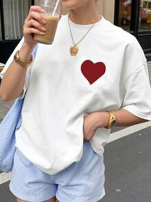 New Spring/Summer Fashion Women's Round Neck Simple Heart Pattern Print Stylish Cool Summer Short Sleeve Casual T-Shirt Circle Print - White - View 1
