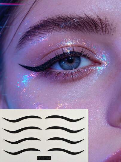 1片黑色闪光眼线临时纹身贴纸，自粘式眼部彩妆装饰，适用于派对、节日和角色扮演，醒目的黑色闪光眼线贴纸，易于粘贴