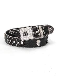 Cinturón con calavera con tachuelas de strass, cinturón de cintura, estilo hip hop - Diamantes de imitación piramidales - Ver 2