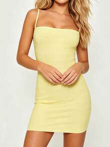 Women's Knit Mini Dress Solid Color Spaghetti Strap Sleeveless Bodycon Cami Dress - 淺黃色 - 查看 4