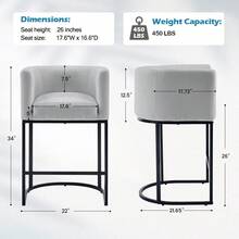 26" H Counter Height Bar Stools Set Of 1/2/3/4, Modern Upholstered Barrel Stools With Backrest And Armrests, Linen Fabric Kitchen Island Barstools With Sturdy Metal Frame, Support 450 LBS - 淺灰色 - 查看 3
