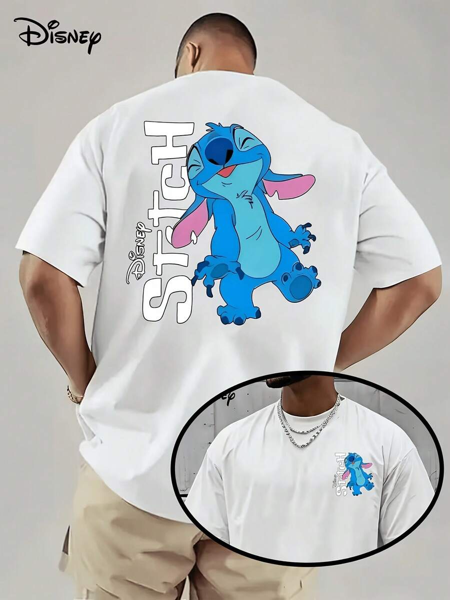 [Disney Licensed]Disney Lilo & Stitch Stitch Vertical Name Cute Cartoon Graphic T-Shirt, Men's Oversized Front & Back Print Short Sleeve Tee, Kawaii Streetwear Top For Summer Daily Wear, Back To School, Stitch Fans Gift, Casual Outings & Teen Fashion, Disney Officially Authorized Men's Short-Sleeved T-Shirts, Mens Clothes, Men, Ropa De Hombre, Summer Clothes, Men Shirts, Graphic Tees, Disney Outfits Men, Graphic Tees, Camisetas Para Hombre, Camisas Para Hombre, Summer Outfits For Men, Father's Day Gift, Perfect Gift For Family And Friends, Which Are Necessary For Birthday Parties, Disney Shirts, Mens Clothes, Summer Clothes, Officially Licensed Disney T-Shirts, Disney Men's And Women's Spring/Summer Fashion Casual Short-Sleeve T-Shirts - White - View 1