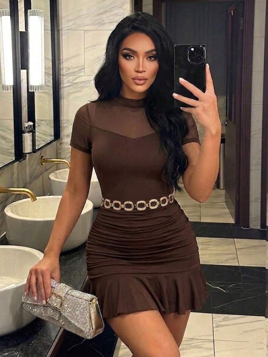 AIJ Amarilo Women's Brown Solid Sexy Mesh Contrast Ruched Tight Dress Summer Spring Elegant Party Event Holiday Season Mermaid Dress - Brown - View 1