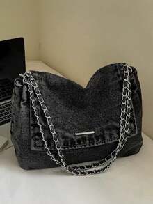 New Korean Style Chain Strap Large Capacity Denim Tote Bag, Casual Commuter Shoulder Bag For College Students - Black - View 2