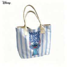 迪士尼条纹帆布手提袋，迪士尼史迪奇“掀起波澜”印花单肩包，日常使用 - 彩色 - 查看 2