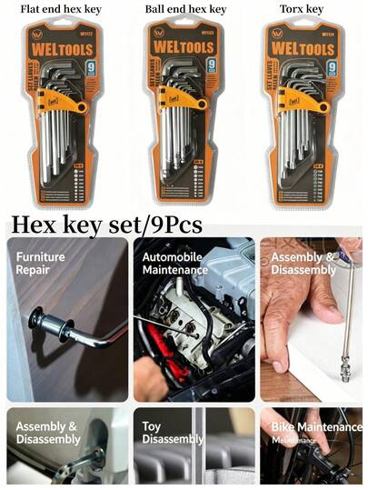 9Pcs Allen Wrench Set, Ball End & Flat Head & Torx Star Hex Key, Multiple Sizes Household Repair Hand Tools