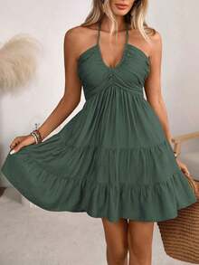 Vestido de lino con nudo de bambú para mujer, de Wandoria, para primavera/verano, ideal para vacaciones en la playa, estilo bohemio, con frunces en el busto, falda de varios niveles, corte e - Naranja - Ver 11
