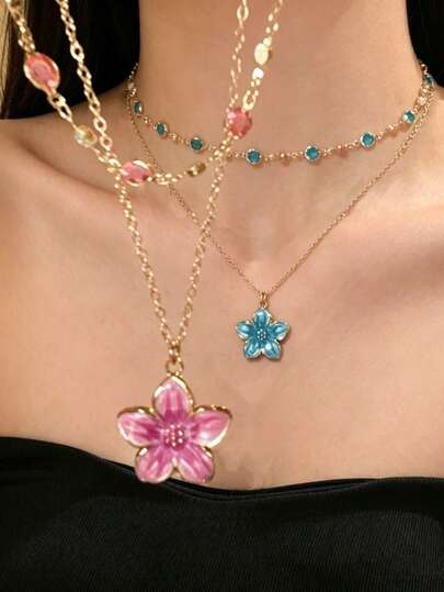1 Set de 2 piezas Nuevo diseño de collar de cadena con flor de metal con efecto de goteo de aceite, conjunto de collar gargantilla de cristal colorido con cadena de flor de cerezo de moda, regalo de amistad, joyería floral para el Día de San Valentín y bodas
