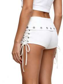 Y2k Shorts For Women High Waisted Fold Over Lace Up Side Stretchy Mini Booty Short Y2K Rave Club Party Concert Summer - White - View 5