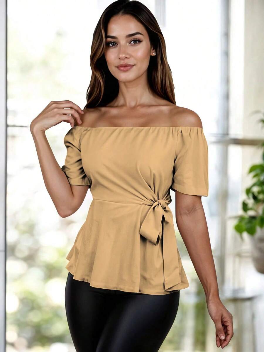 ZTSO Fashionable Off-Shoulder Blouse With Belt - Champagne - View 1