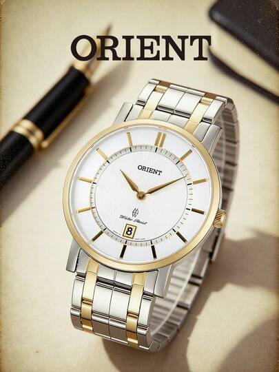 Orient 男女通用石英表 FGW01003W0，双色金银纤薄设计，时尚腕表，白色竖条纹表盘，日期显示，不锈钢表带，简约奢华腕表，适合男士和女士，经典商务、正式场合、婚礼、派对、礼品。