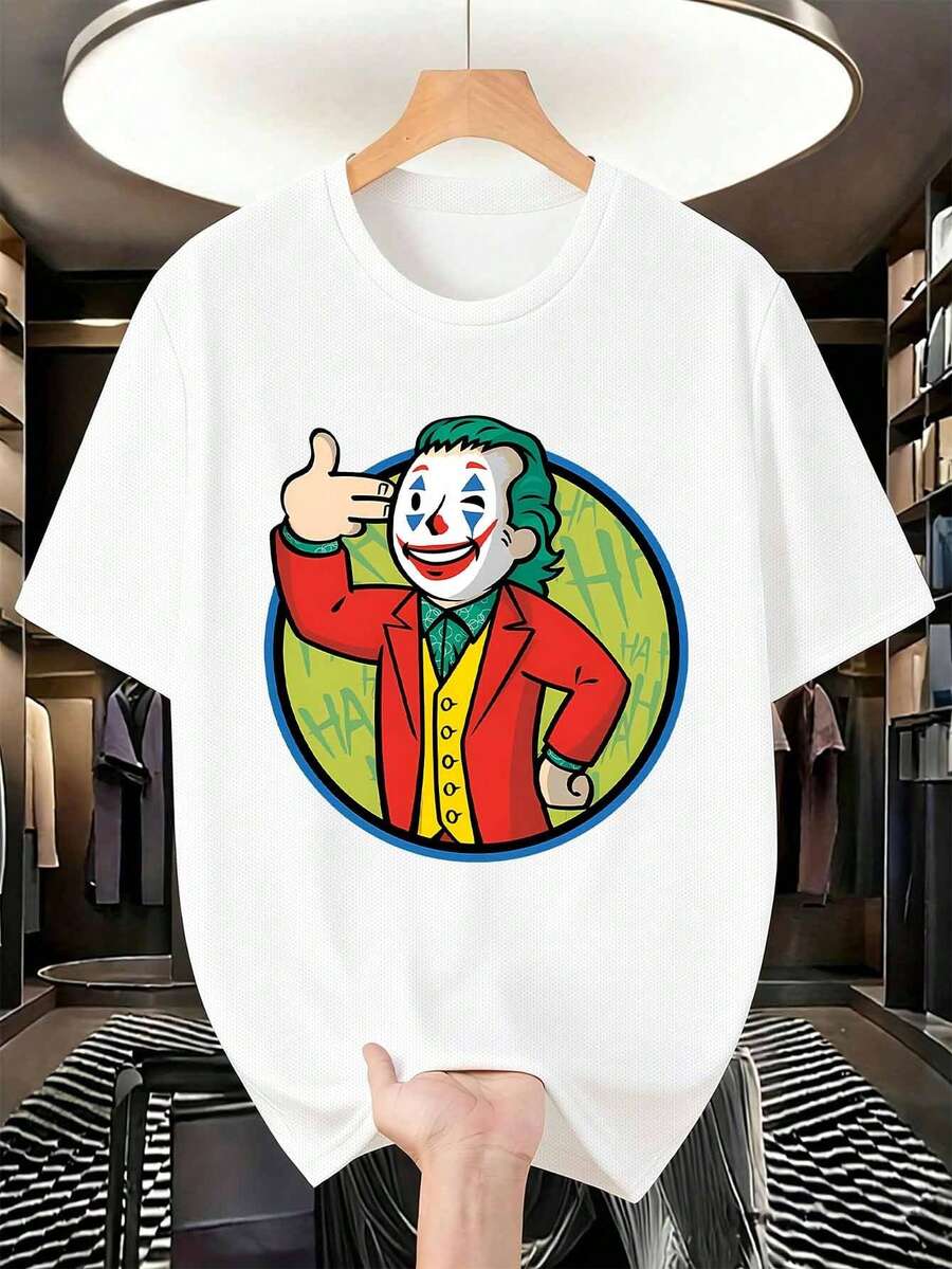 Camiseta de manga corta para hombre, ideal para el verano, diseñada por Warner Bros., con estampado de payaso y estilo retro-urbano. Cuenta con cuello redondo y mangas cortas, ofreciendo comodidad y un look informal perfecto para el día a día. - Blanco - Ver 1
